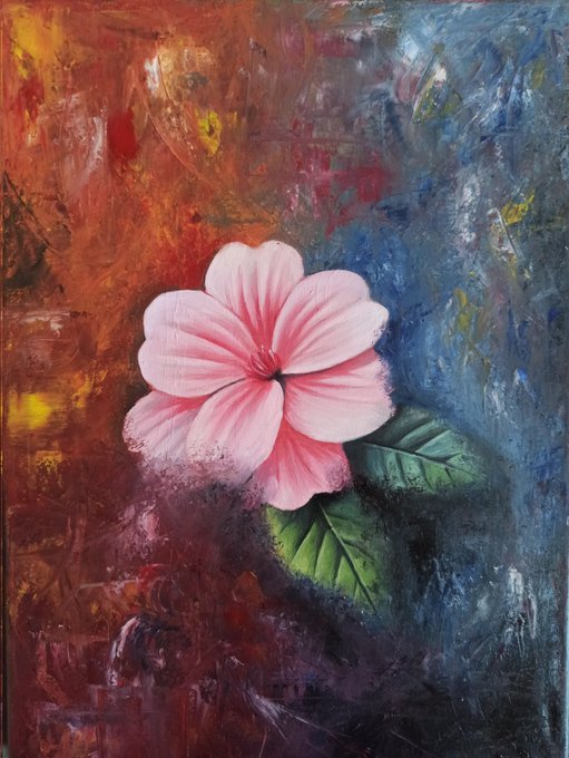 A pink flower with green leaves painted against a vibrant, abstract background of fiery reds, oranges, and deep blues.