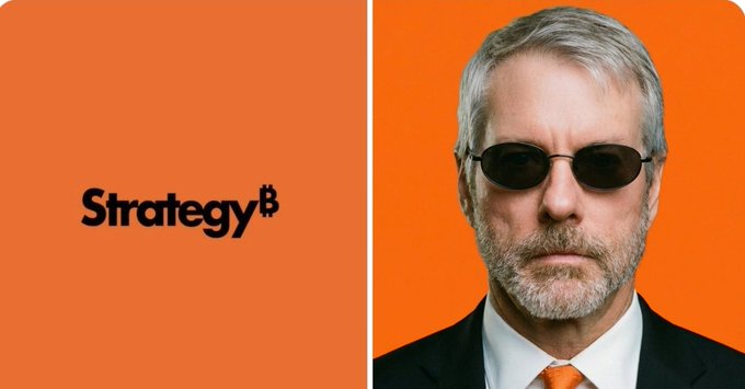 The image features the Strategy (formerly MicroStrategy) logo on the left and a photo of founder Michael Saylor wearing his signature sunglasses and an orange tie on the right, both set against a bright orange background. The branding ties directly to the news that Strategy has boosted its USD reserves by $450 million while holding 843,775 BTC in Bitcoin reserves, highlighting the company's continued financial expansion under Saylor's leadership.