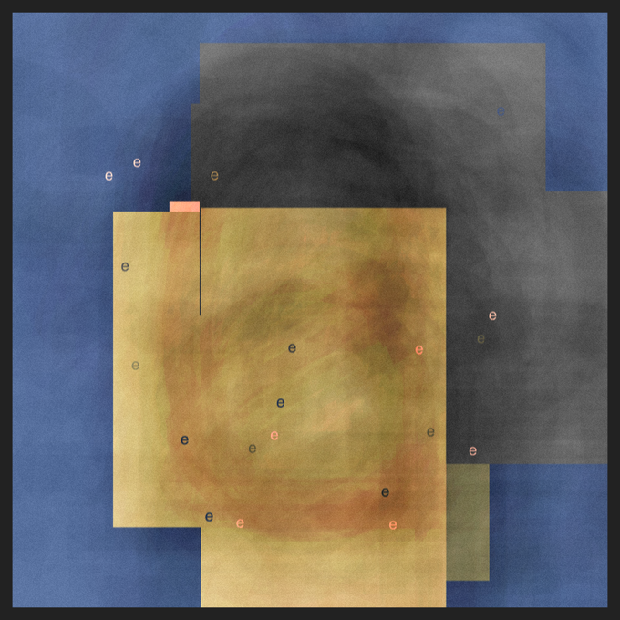 An abstract, layered artistic composition featuring translucent rectangular shapes in blue, black, and golden-yellow, adorned with scattered lowercase 'e' characters in various colors.