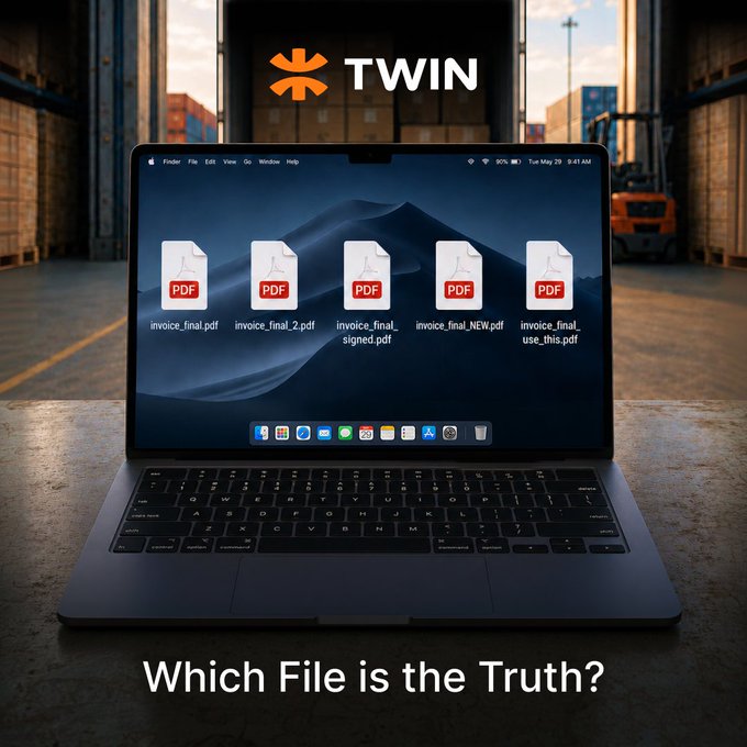 An advertisement for 'TWIN' showing a laptop displaying multiple confusingly named invoice PDF files with the tagline 'Which File is the Truth?'
