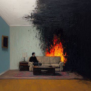 The image features a painting that depicts a man sitting on a couch, with a fire burning behind him. The room has blue walls and a wooden floor, creating an atmosphere of warmth and comfort. The painting showcases the artist's skillful use of color and texture, capturing the viewer's attention and evoking a sense of coziness in the living space.
