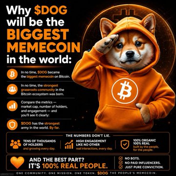 Meme coin promotional poster titled 'Why $DOG will be the BIGGEST MEMECOIN in the world' featuring a Shiba Inu dog in an orange Bitcoin hoodie, listing various community and conviction statistics.