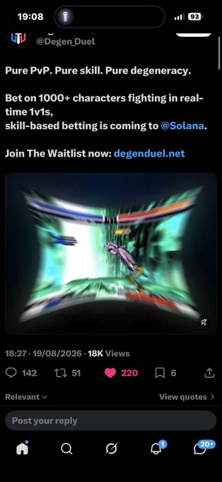 A Twitter/X post from @Degen_Duel promotes 'Pure PvP. Pure skill. Pure degeneracy' betting on 1000+ characters in real-time 1v1s on Solana, with a colorful character battle image and a link to degenduel.net waitlist.