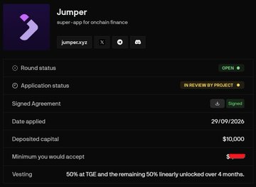 A status page for 'Jumper', a super-app for onchain finance, showing an 'OPEN' round status, 'IN REVIEW BY PROJECT' application status, and a deposited capital of $10,000.