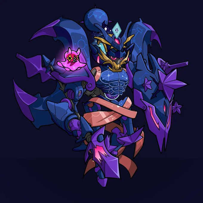 Digital illustration of a dark purple and blue armored samurai-like mech character with constellations on its armor, holding a glowing pink creature in one hand.