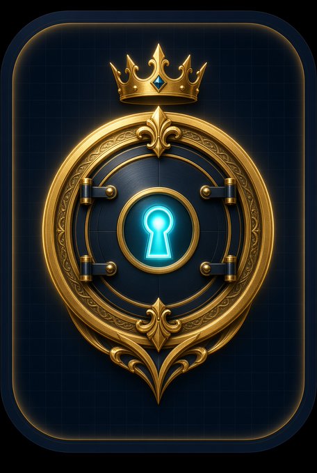 An ornate emblem featuring a golden crown, decorative frame, and a glowing cyan keyhole in the center on a dark blue grid background.