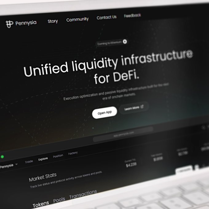A laptop screen showing the Pennysia website homepage with the tagline 'Unified liquidity infrastructure for DeFi' and an 'Open App' button.
