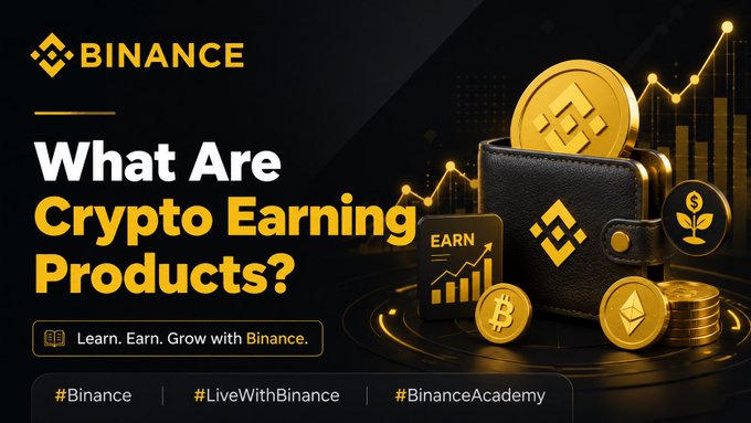 A Binance Academy promotional graphic titled "What Are Crypto Earning Products?" featuring a black wallet with the Binance logo, gold Bitcoin and Ethereum coins, an "EARN" card with a growth chart, and a plant sprout icon symbolizing asset growth—visually reinforcing the concept of passive crypto rewards like Simple Earn mentioned in the post.