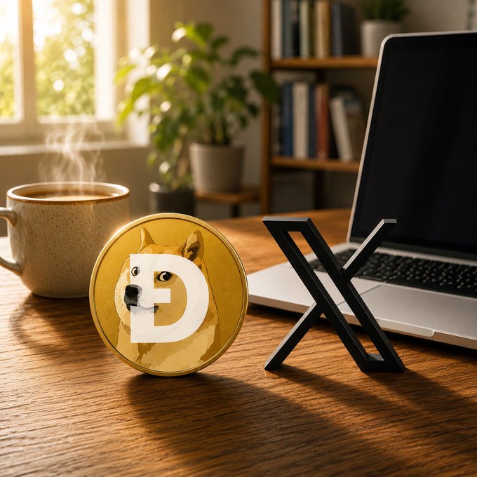 A gold Dogecoin (DOGE) coin sits on a wooden desk next to a steaming coffee mug, a Shiba Inu figurine, and an open laptop, capturing a cozy morning workspace scene that complements the "Good Morning $DOGE" greeting.