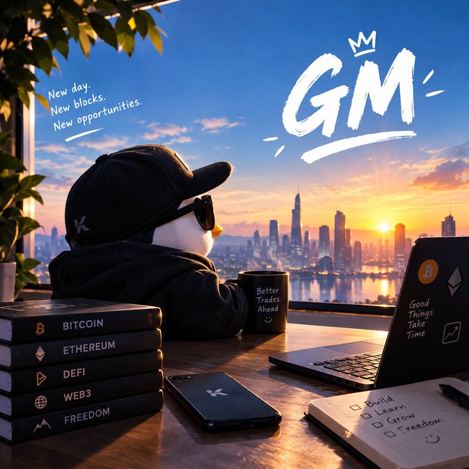 Motivational 'GM' (Good Morning) image featuring a hooded figure wearing sunglasses and a cap looking at a city skyline at sunset, with text 'New day. New blocks. New opportunities.' Books titled BITCOIN, ETHEREUM, DEFI, WEB3, and FREEDOM are stacked nearby.