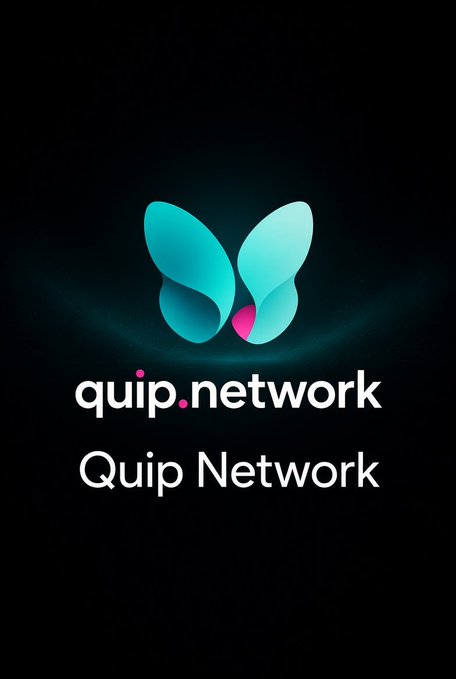 A logo display for 'quip.network' featuring a teal and pink butterfly-like symbol on a dark background.