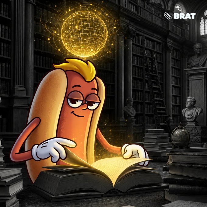 An animated hot dog character wearing white gloves reads an open book that glows with golden light beneath a celestial orb, in a grand library setting with a 'BRAT' watermark in the upper right.
