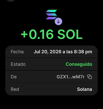 A confirmation screenshot showing a successful +0.16 SOL transaction received on Jul 20, 2026 at 8:38 pm via the Solana network from address GZX1...wM7r, representing the user's weekly HODL reward payment for their DragonSol NFTs used in a GM post, which they then swapped for $AKIRA tokens to grow their holdings to 74.2M.