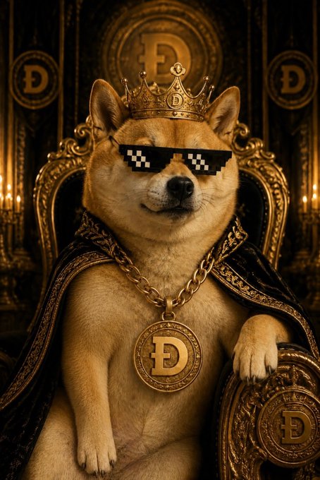 A stylized Shiba Inu dog wearing pixelated sunglasses, a gold crown, and a large 'D' medallion, sitting on an ornate throne surrounded by Dogecoin logos.
