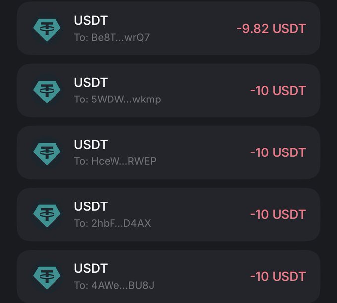 The image shows five consecutive USDT transactions of approximately $10 each (totaling about $50), sent to the wallets ending in wrQ7, wkmp, RWEP, D4AX, and BU8J, which visually corresponds to the post's claim of "$50 sent to 5 winners."