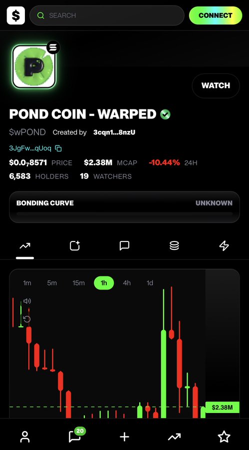 A mobile crypto app screenshot displaying "POND COIN - WARPED" ($WPOND) with a price of $0.008571, market cap $2.38M, -10.44% in 24H, 6,583 holders, and an hourly candlestick chart.
