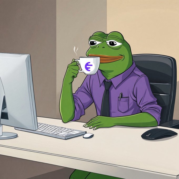 A cartoon illustration of the 'Chad Frog' (Pepe) meme dressed in a purple dress shirt and black tie, sitting at an office desk drinking coffee from a mug featuring a purple Euro (€) symbol.