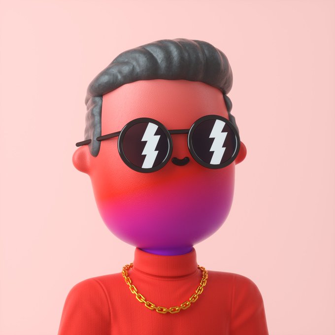 A 3D-rendered character with pink and red gradient skin wears round sunglasses with lightning bolt lenses and a gold chain.
