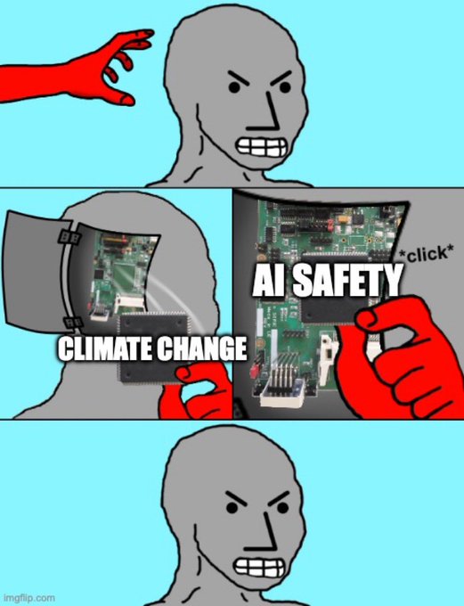 A four-panel meme featuring a gray character, depicting a red hand installing 'CLIMATE CHANGE' and 'AI SAFETY' gun components into the character's head with an audible '*click*'.