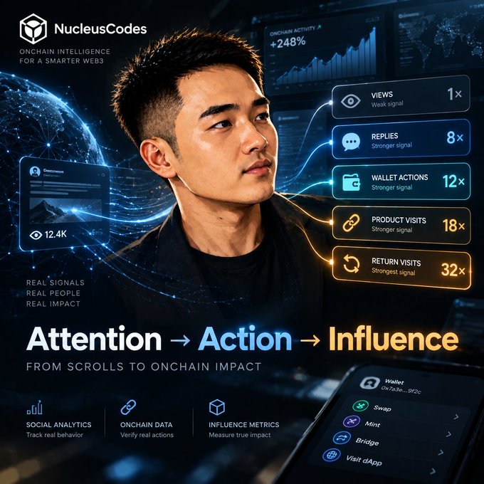 An advertisement for NucleusCodes titled 'Onchain Intelligence for a Smarter Web3' features a young man with metrics displaying 'Attention → Action → Influence' alongside stats like Views 1x, Replies 8x, Wallet Actions 12x, Product Visits 18x, and Return Visits 32x.
