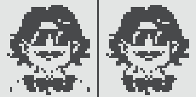 A side-by-side comparison of two nearly identical pixel-art faces with messy dark hair and large eyes, differing only by one stray pixel in each version.