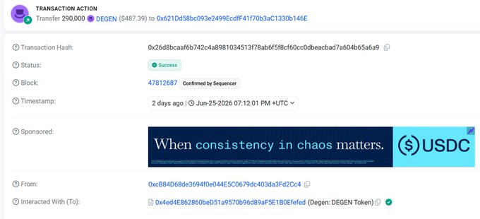 A blockchain transaction record shows a successful transfer of 290,000 DEGEN tokens ($487.39) on Jun-25-2026, sent from address 0xc884D68... to DEGEN token contract 0x4ed4E8... as evidence supporting the user's claim of a compromised wallet and stolen funds.