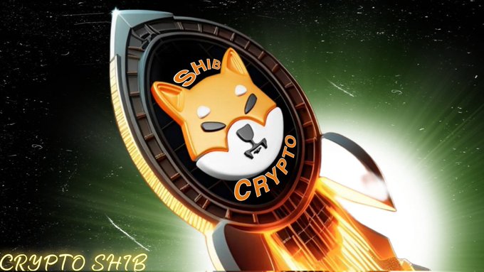 A digital illustration of a Shiba Inu coin blasting off like a rocket, surrounded by flames and green space effects, with the text 'CRYPTO SHIB' on the coin and at the bottom left.