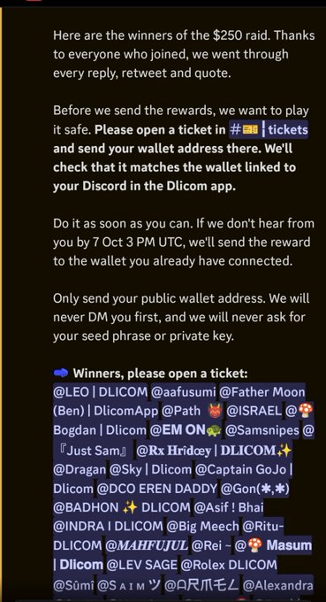 A Discord announcement for $250 raid winners, instructing recipients to open a ticket in the Dicicom server and submit their public wallet address by 7 Oct 3 PM UTC to receive rewards, while warning never to share seed phrases or private keys. The message lists multiple tagged winners including @LEO, @aafusumi, @ISRAEL, and @Samsnipes.
