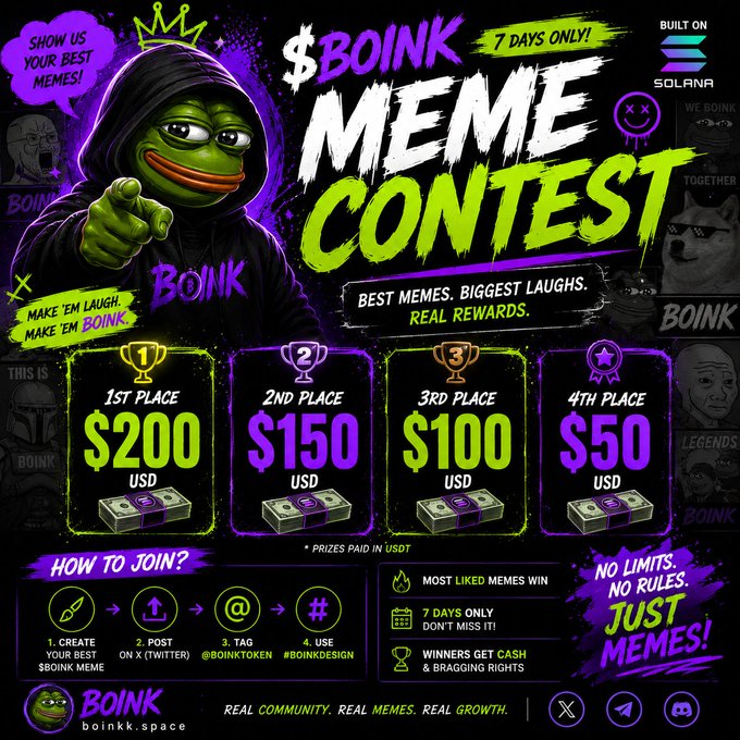 The image features a poster for a contest, with a cartoon frog as the main character. The poster includes text that reads "BOINK DESIGN CONTAINER" and "MEME CONTAINER", indicating that this is a meme-based contest. The poster also displays various images of different memes related to the contest, such as a cat wearing sunglasses or a person with a funny expression.

The main focus of the image is the cartoon frog character, who appears to be pointing at something in front of him. The text on the poster encourages people to join and share their best meme designs for prizes, including $200, $150, $100, and $50. There are also instructions on how to join the contest, which include creating an artwork or meme, tagging a specific account using #BOINKDESIGN, and sharing it with others through social media platforms like Twitter, Instagram, and Facebook.