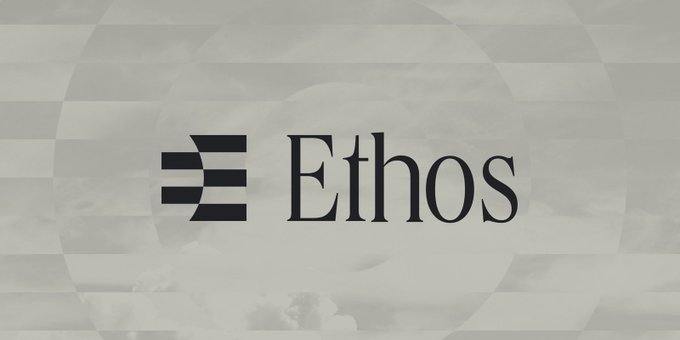 The image features the "Ethos" logo, displaying a stylized equal sign next to the wordmark in an elegant serif font, set against a cloudy sky background with a subtle circular gradient. This branding ties directly to the post about Ethos, a crypto wallet and investment platform the user signed up for but has since forgotten about.