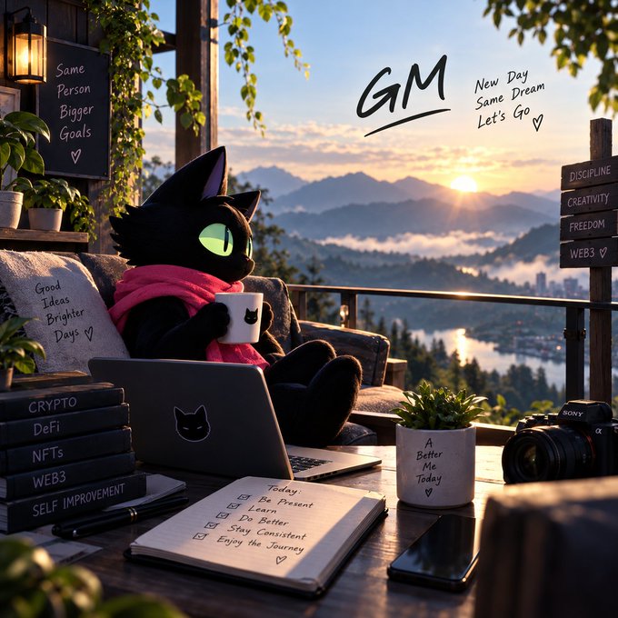 A stylized illustration of a black cat wearing a pink scarf, sitting on a couch with a laptop, coffee, and books labeled 'CRYPTO', 'DeFi', 'NFTs', 'WEB3', with 'GM - New Day Same Dream Let's Go' visible.