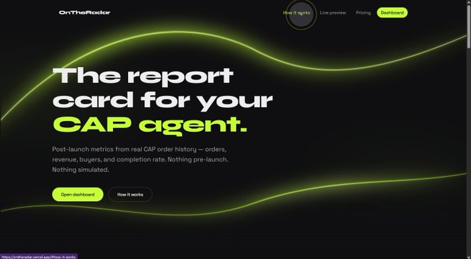 A website landing page for "OnTheRadar" with the headline "The report card for your CAP agent" and text describing post-launch metrics from real CAP order history.