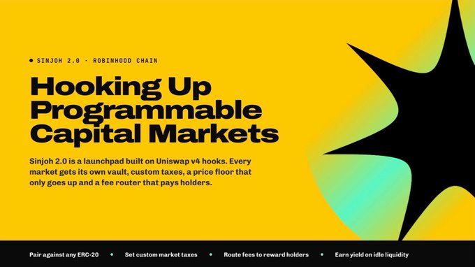 A promotional graphic for "Sinjoh 2.0" on Robinhood Chain, with the headline "Hooking Up Programmable Capital Markets" against a yellow and green background.