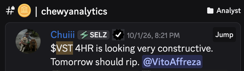 A Discord message from user 'Chuiii' in the 'chewyanalytics' channel (Analyst role) reading '$VST 4HR is looking very constructive. Tomorrow should rip. @VitoAffreza,' posted on 10/1/26 at 8:21 PM with a SELZ badge.