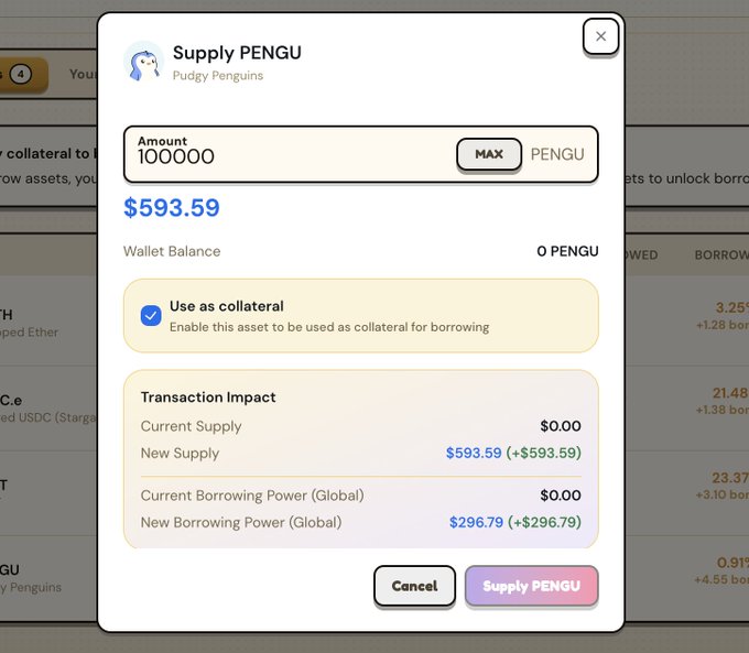A "Supply PENGU" modal on Kona Lend shows a transaction to deposit 100,000 Pudgy Penguins ($PENGU) tokens, valued at $593.59, as collateral—creating $593.59 in new supply and unlocking $296.79 in global borrowing power.