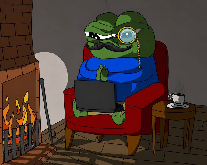 The picture shows Pepe the Frog styled as a sophisticated gentleman with a monocle and mustache, calmly working on a laptop in a cozy armchair beside a fireplace. This fits the post's casual, laid-back tone of someone sharing crypto launch info ("$Sleuth on Stonk Launcher") while doing their own research from the comfort of home.