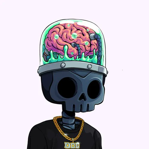 A skeletal robot character with a transparent helmet displaying a glowing brain wears a gold 'Diot' chain necklace.