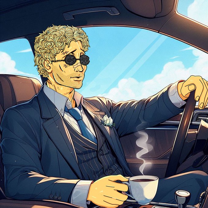 A stylized illustration depicts a blond man in a sharp navy pinstripe suit, sunglasses, and a boutonnière, calmly sipping a steaming cup of coffee while driving, set against a bright, cloudless sky that visually reinforces the optimistic "Gm ☀️ It'll be a good week" message with its sunny, carefree morning vibe.