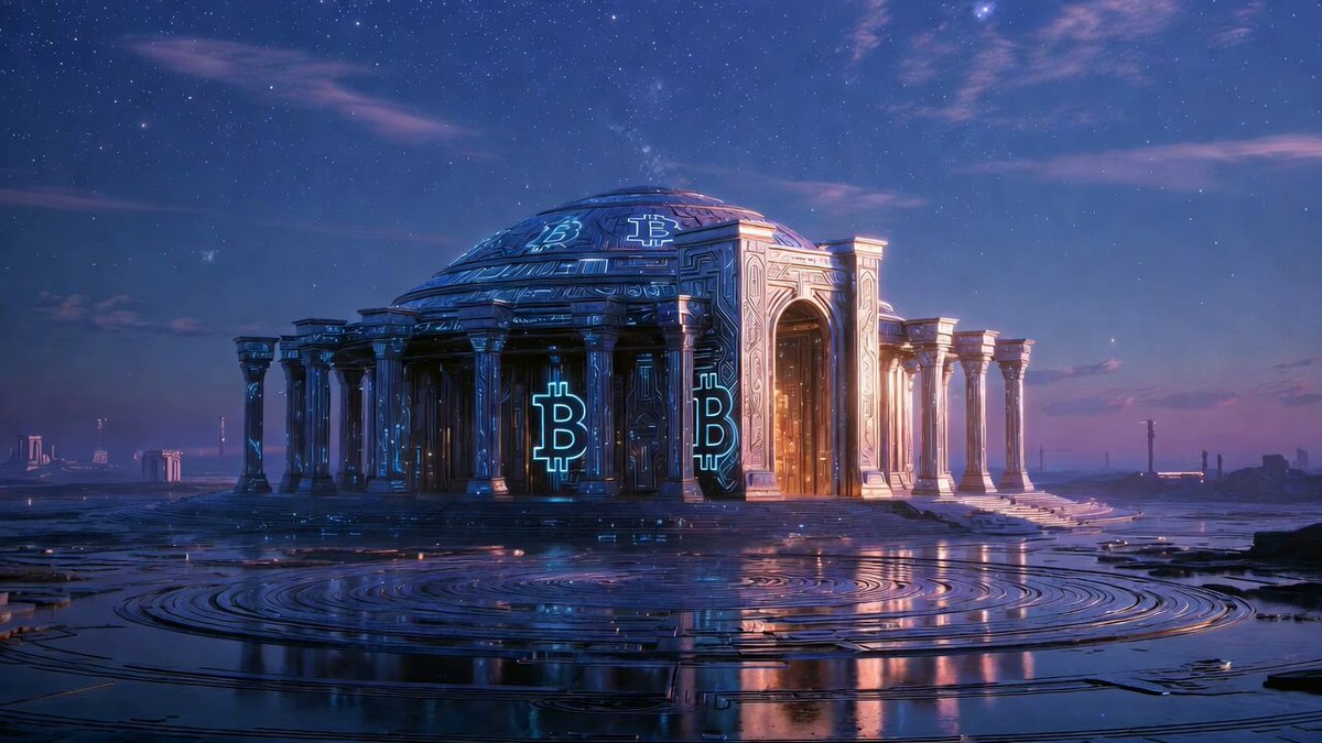 The image features an architectural structure with columns and a dome, surrounded by water and illuminated at night. The building has a blue neon sign that reads "BTC" above its entrance. The scene appears to be set against a starry sky or a cloudy night, creating a sense of mystery and intrigue. The post suggests that Bitcoin is becoming digital gold, which could potentially lead to an increase in the value of Bitcoin holders who resist selling during sharp price declines.