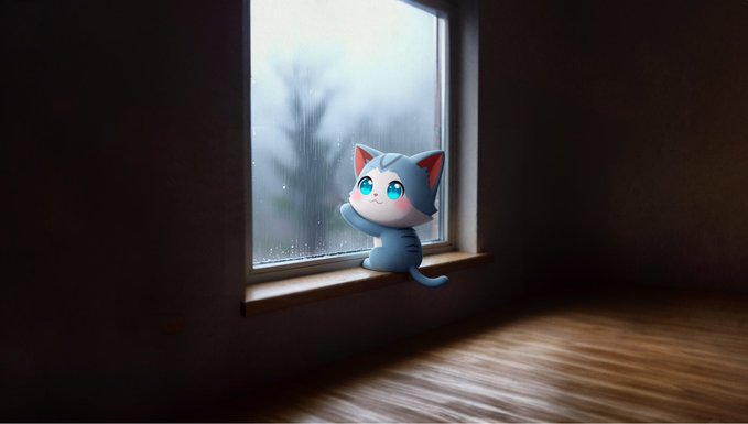A small, cartoonish gray cat with big teal eyes sits on a wooden windowsill, looking out at a dreary, overcast sky as raindrops dot the glass, evoking a sense of longing and reflection. The melancholic mood of the rainy scene mirrors the post's nostalgic plea for the $WEN airdrop's return, suggesting a quiet wait for better days ahead.