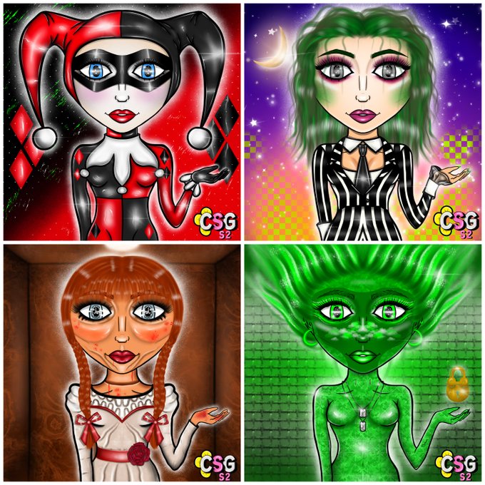 A four-panel digital artwork collection featuring stylized female characters: a red-and-black Harley Quinn-inspired jester, a green-haired woman in a striped suit against a starry sky, the doll-like character from Image 1, and a green-skinned figure with glowing hair holding a gold orb, all marked with 'CSG S2'.