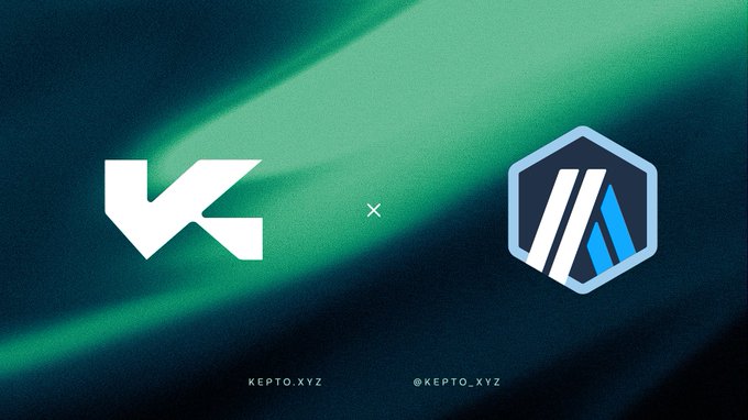 A promotional graphic with a green and dark blue gradient background displaying two logos separated by an 'x' mark, with 'KEPTO.XYZ' and '@KEPTO_XYZ' written at the bottom.