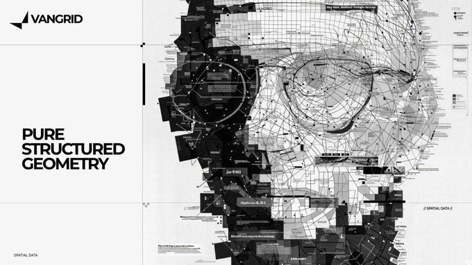 A graphic for VanGrid titled 'PURE STRUCTURED GEOMETRY' displaying a black-and-white wireframe image of a koala's head composed of geometric spatial data.