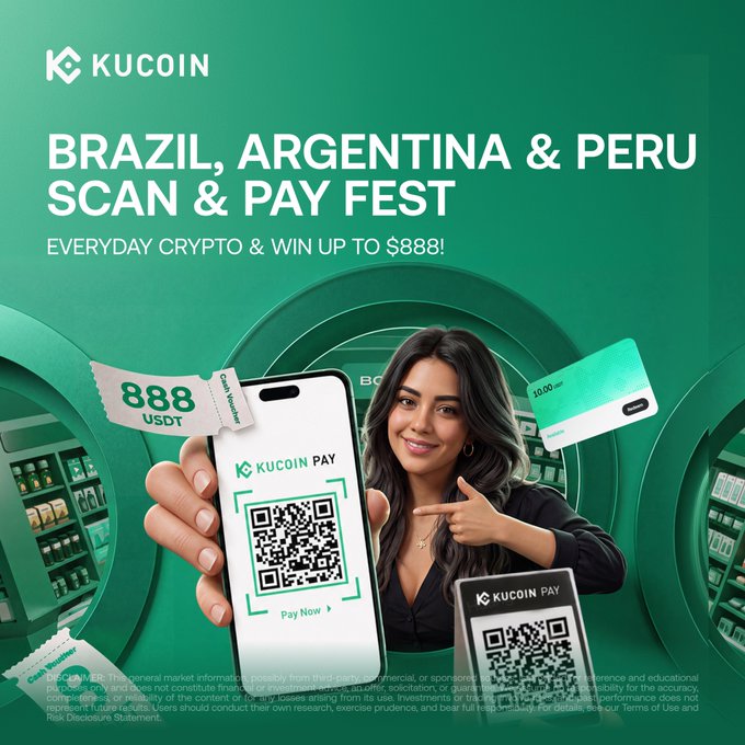 A promotional KuCoin Pay advertisement for their "Brazil, Argentina & Peru Scan & Pay Fest," featuring a smiling woman pointing at a smartphone displaying the KuCoin Pay QR code, surrounded by USDT vouchers and gift cards, with text highlighting the "Everyday Crypto & Win Up to $888!" campaign and first-scan bonus offer.