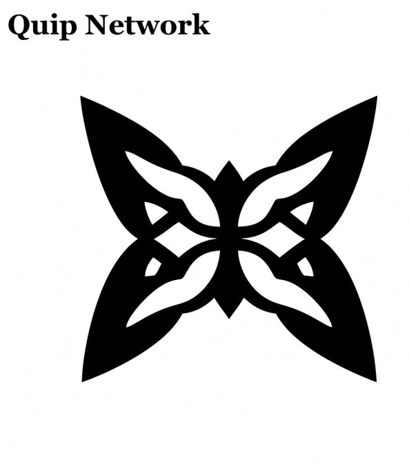 A white background displays the text “Quip Network” at top left and a large black, symmetrical abstract butterfly- or mask-like logo centered below it.