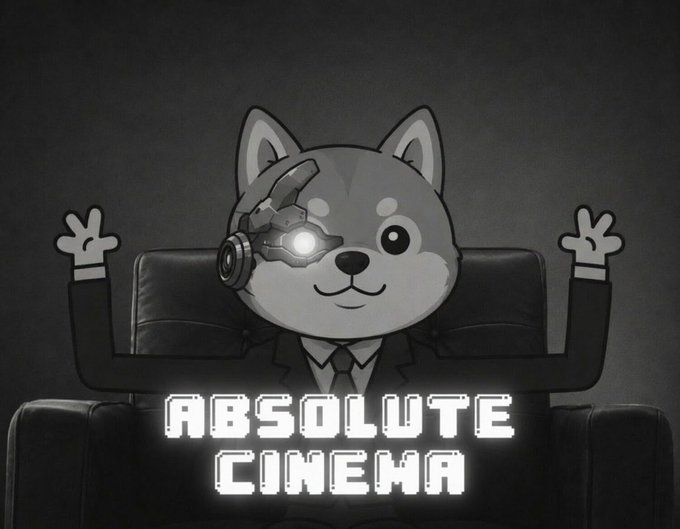 A monochrome Shiba Inu character wearing a suit and a glowing robotic eye sits in a chair with arms raised, above the pixelated text "ABSOLUTE CINEMA" — visually echoing the bold, decisive confidence of "Life is short go LONG."