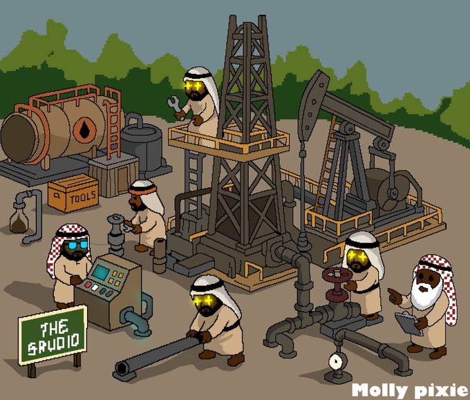 A pixel art illustration by Molly pixie shows characters in traditional Middle Eastern attire working at an oil rig, with a 'THE STUDIO' sign and a tools box visible.