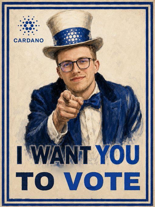 A parody of the iconic Uncle Sam 'I Want You' poster featuring a man in glasses, a top hat with a Cardano logo band, and blue clothing, with text reading 'CARDANO' and 'I WANT YOU TO VOTE'.