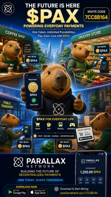 A promotional poster for '$PAX' cryptocurrency by Parallax Network featuring cartoon beavers in various payment scenarios (coffee shop, grocery store, transport), with invite code '7CC8B164' and tagline 'POWERING EVERYDAY PAYMENTS'.