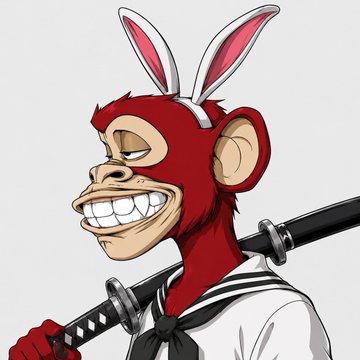 An illustration of an anime-style monkey character wearing a white sailor uniform with a black tie, holding a katana with a wide, toothy grin.